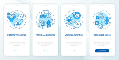 Fototapeta na wymiar 2D icons representing mindful entrepreneurship mobile app screen set. Walkthrough 4 steps blue graphic instructions with thin line icons concept, UI, UX, GUI template.