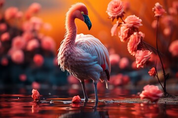 A graceful image of a flamingo elegantly wading in a serene and picturesque small pond, showcasing the beauty and tranquility of nature's water-loving avian species.