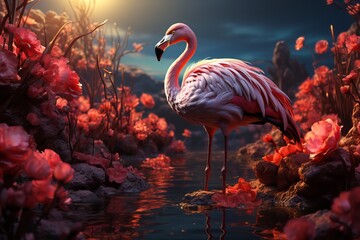 A graceful image of a flamingo elegantly wading in a serene and picturesque small pond, showcasing the beauty and tranquility of nature's water-loving avian species.