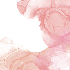 Abstract rose blush liquid watercolor background with golden lines, dots and stains. Pastel marble alcohol ink drawing effect.