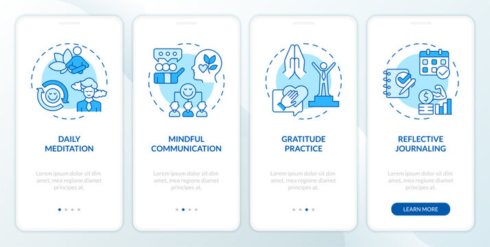 2D icons representing mindful entrepreneurship mobile app screen set. Walkthrough 4 steps blue graphic instructions with line icons concept, UI, UX, GUI template.