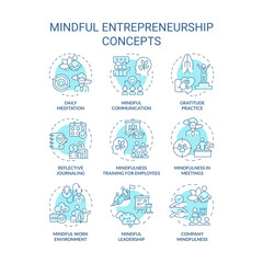 Fototapeta na wymiar 2D editable blue thin line icons set representing mindful entrepreneurship, isolated vector, linear illustration.