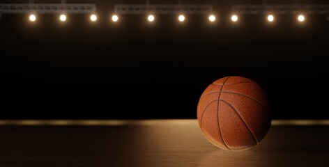 Basketball ball on wooden floor and sport arena with tribunes and lights in blurred background