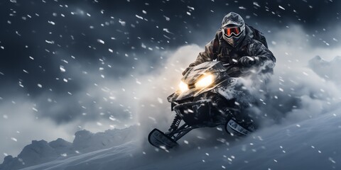 Close-up of a snow bike rider with copy space in the background - obrazy, fototapety, plakaty