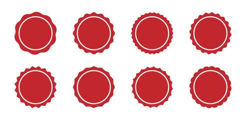 Red circle seal stamp icons. Vintage wavy edge circle sticker. Star burst shape tags. Blank sale round sticker. Simple circle red wax seal. Vector illustrations set isolated on white background.