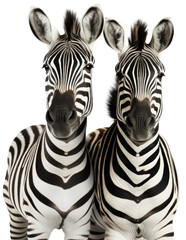 Fototapeta na wymiar Closeup portrait of two zebras standing next to each other isolated on a white background as transparent PNG