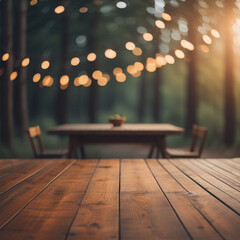 Wooden table in the forest with bokeh light background. A place to present your products.