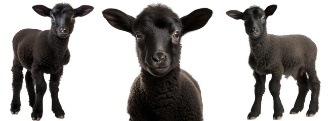 Black lamb collection (portrait, standing), animal bundle isolated on a white background as transparent PNG