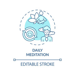 2D editable blue icon daily meditation concept, isolated vector, mindful entrepreneurship thin line illustration.