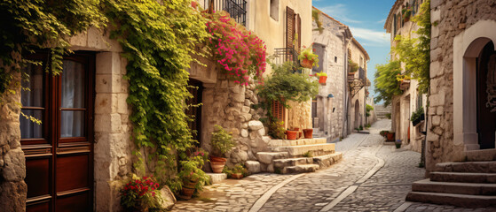 Fototapeta na wymiar Winding narrow stone street of an old fabulous beauty