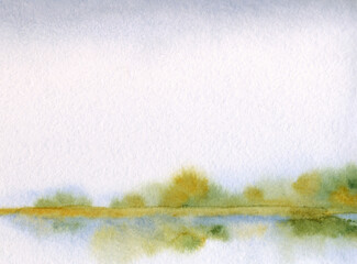 Watercolor landscape. Trees by the lake