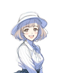 Illustration of a young woman with a hat on a white background