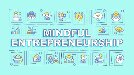 Fototapeta premium Mindful entrepreneurship text with various thin line icons concept on blue monochromatic background, editable 2D vector illustration.