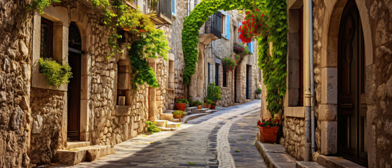 Winding narrow stone street of an old fabulous beauty