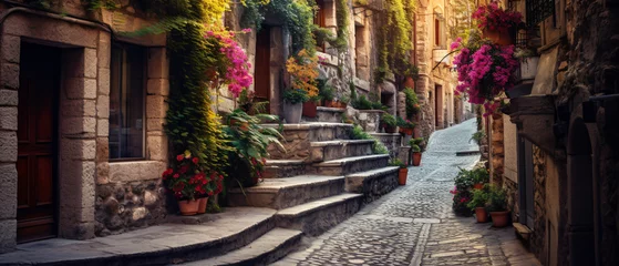 Keuken spatwand met foto Winding narrow stone street of an old fabulous beauty © Natia