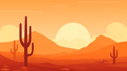 Deurstickers a simple desert landscape on an orange background depicts a cactus, in the style of minimalist backgrounds, naturecore, minimalist portraits, heatwave © Nate