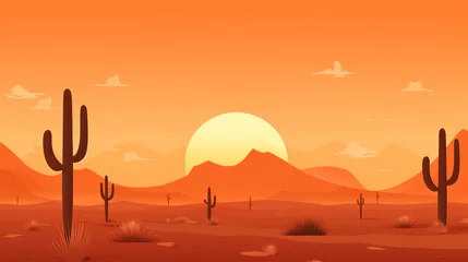 Fotobehang a simple desert landscape on an orange background depicts a cactus, in the style of minimalist backgrounds, naturecore, minimalist portraits, heatwave © Nate