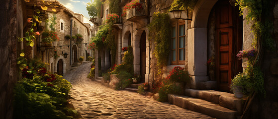 Fototapeta na wymiar Winding narrow stone street of an old fabulous beauty