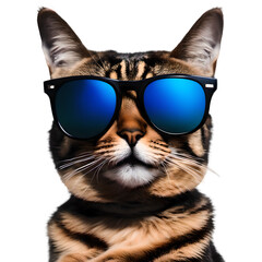 Close up of a tabby cat wearing sunglasses. Transparent background.