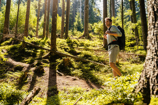 Hiker with backpack exploring in forest - Powered by Adobe