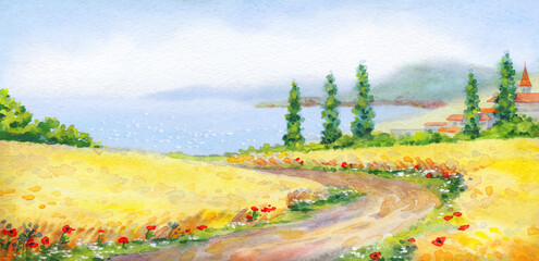 Watercolor landscape. Road to the sea in a wheat field © Marina