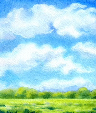 Watercolor background with white clouds on blue sky over sunlit meadow