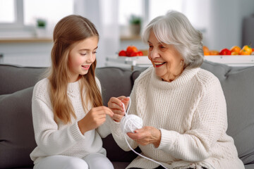 Grandmother teaches her granddaughter to knit