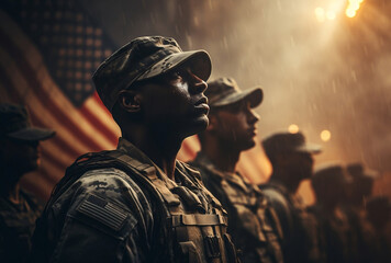 A group of soldiers standing with respect to the United States flag