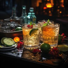 Long island iced tea alcohol cocktails composition in night bar background with lime