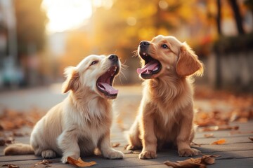 Two barking puppies in park in nature