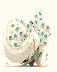 Vector illustration of a beautiful white peacock with feathers in a boho style