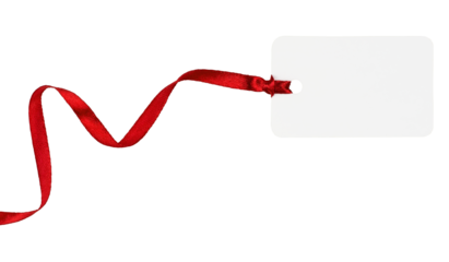 White paper label with red ribbon isolated on transparent background, Christmas sale tag