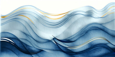 Abstract water ink wave, isolated blue and gold lines background watercolor texture. Navy ocean wave Art as  web, mobile Graphic Resource for copy space text backdrop. Blue wavy painting illustration
