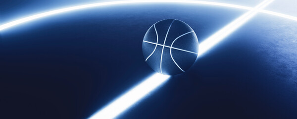 Computer graphics of basketball ball laying on bright glowing line on play ground.