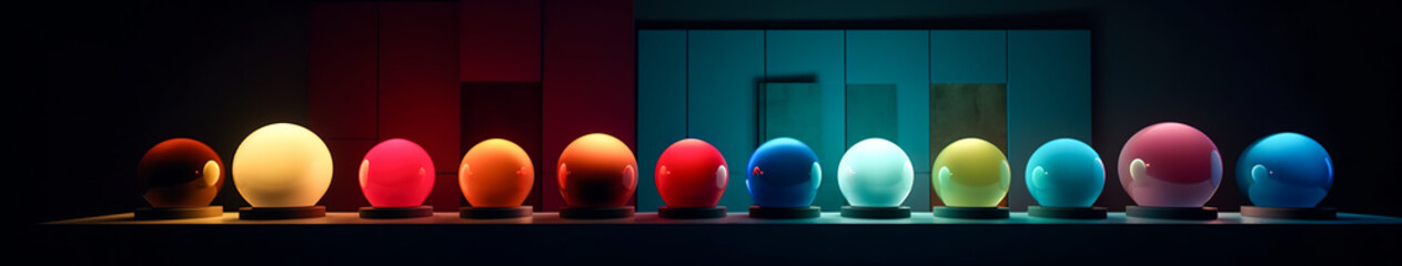Glowing lamp balls in the dark in the interior, generative AI.