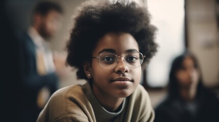 A lonely Afro girl in a classroom looks sad. Generative AI