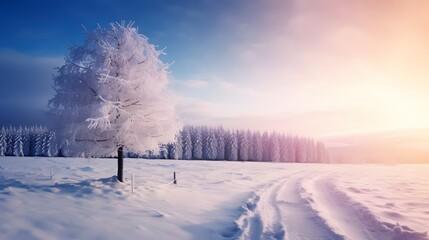 Mysterious landscape majestic mountains in winter. Magical snow covered tree. Photo greeting card. Bokeh light effect, soft filter.