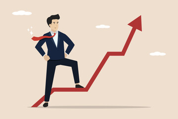 Business growth, increase in sales, investment or profit growth, development concept, confident businessman standing with rising graph. Illustration of a successful businessman.