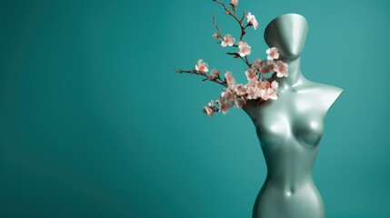 Naked upper body mannequin female model bust, blooming pink cherry blossoms branch decoration, spring season renewal, nature and beauty fusion, minimal teal green background - generative AI