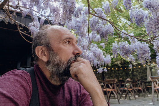 Contemplative man under wisteria tree at sidewalk cafe