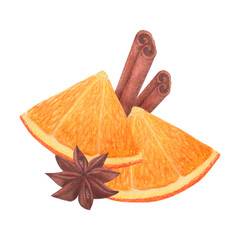 Orange, cinnamon and star anise. Watercolor illustration on a white background. Hand drawn. For postcards