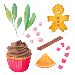 Vanilla cupcake with chocolate cream. Gingerbread man, candy cane, orange, cinnamon, star anise, pistachio sprig. Muffin in a red package. Watercolor illustration on a white background. Hand drawn