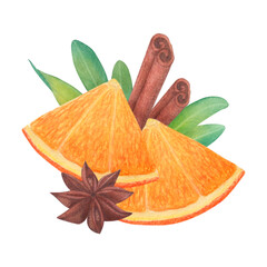 Orange, cinnamon, pistachio sprig and star anise. Watercolor illustration on a white background. Hand drawn. For postcards
