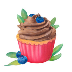 Vanilla cupcake with blueberry, pistachio sprig and chocolate cream. Muffin in a red package. Watercolor illustration on a white background. Hand drawn. For postcards