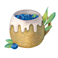 Clay mug in white glaze with blueberry, pistachio sprig. Watercolor illustration on a white background. Hand drawn. For postcards