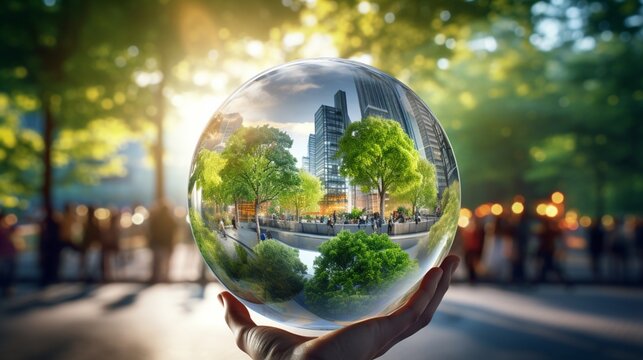 Capture a stunning image of a glass globe overlooking a bustling green energy marketplace, where vendors showcase innovative products and technologies