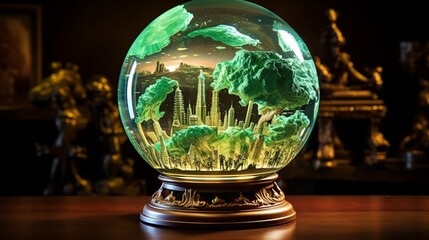 Capture a stunning photograph of a glass globe surrounded by holographic representations of green energy pioneers throughout history, celebrating their contributions