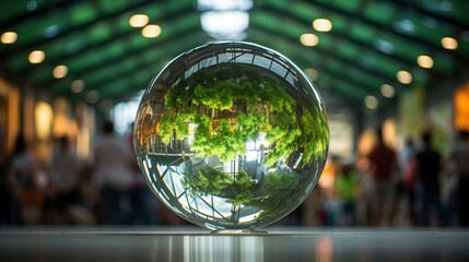 Capture a stunning photograph of a glass globe in the heart of a bustling green energy expo, where scientists and innovators gather to shape the future