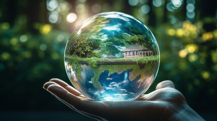 Capture a stunning picture of a glass globe surrounded by a holographic representation of Earth, with renewable energy installations superimposed on continents, emphasizing global clean energy solutio