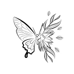 Linear butterfly wing with wild tropical flowers. Beautiful hand drawn vector illustration. T-shirt print template. Coloring antistress page.